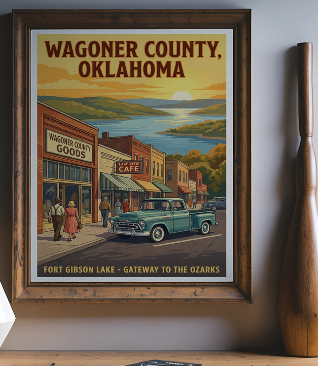 Wagoner County, Oklahoma vintage poster featuring a street scene with a lake in the background.