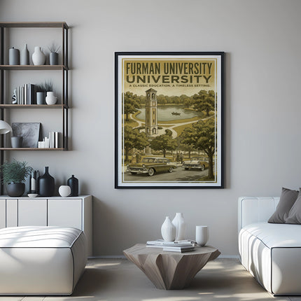 Furman University poster with clock tower, lake, vintage cars, and people.