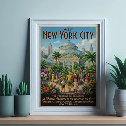 New York City Botanical Conservatory poster featuring people and plants.