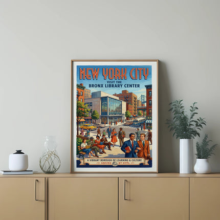 New York City poster promoting the Bronx Library Center with urban scene.