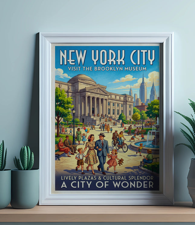New York City poster with Brooklyn Museum, people, and skyline.