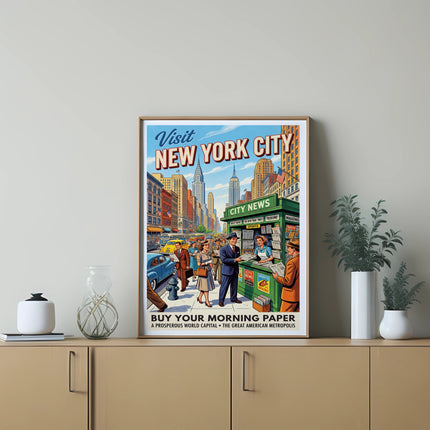 Vintage travel poster for New York City with street newsstand and text.