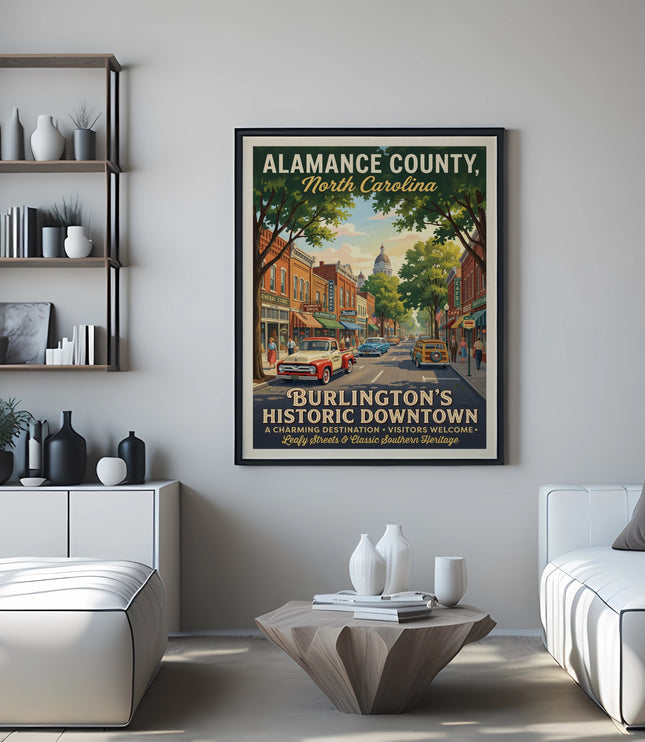Poster of Alamance County, North Carolina historic downtown with vintage cars.