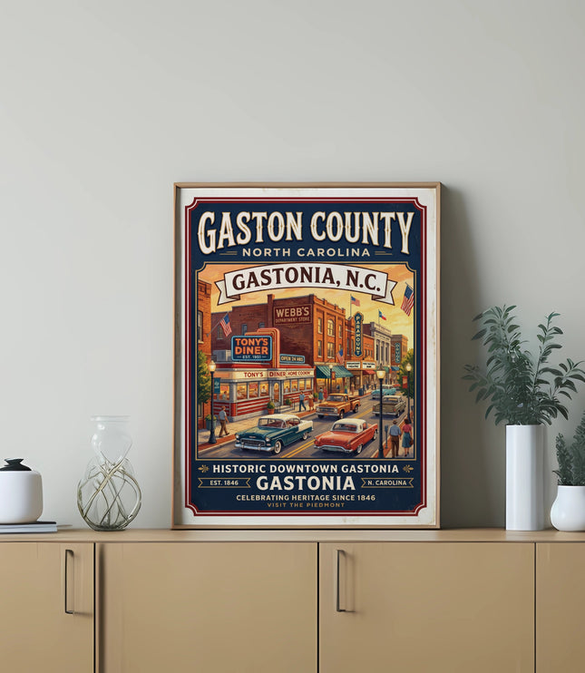 Vintage style poster of Gastonia, North Carolina, featuring downtown buildings and cars.
