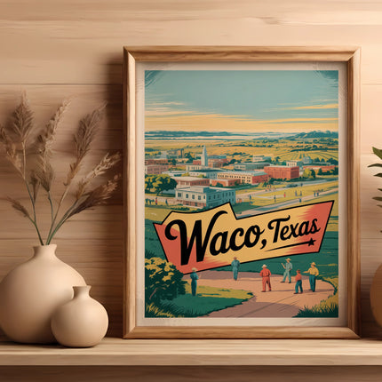 Framed poster of Waco, Texas cityscape with people standing on a path.