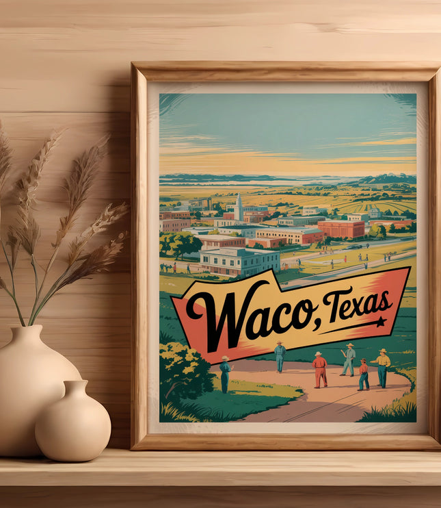 Framed poster of Waco, Texas cityscape with people standing on a path.