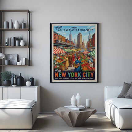 Visit New York City farmers market poster depicting produce and a cityscape.