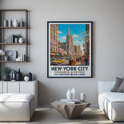 Vintage New York City poster with "Wonderful New York City" text and illustration of street scene.