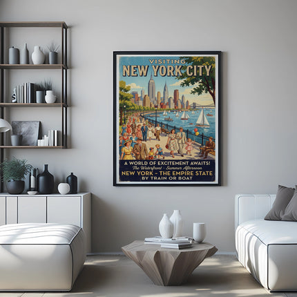 Vintage "Visiting New York City" travel poster with cityscape, crowds, and boats.