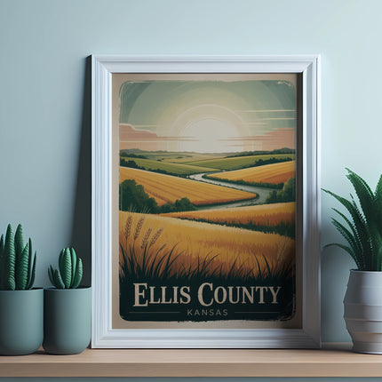 Framed poster of Ellis County, Kansas landscape with rolling fields and sun.