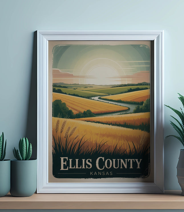 Framed poster of Ellis County, Kansas landscape with rolling fields and sun.