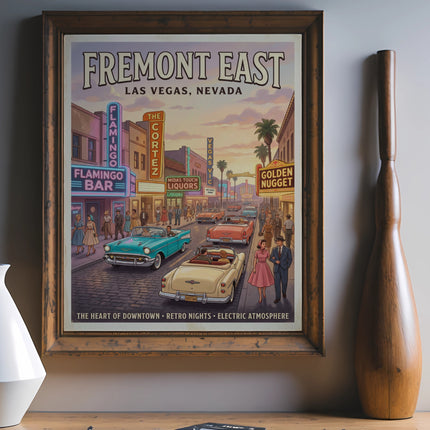 Fremont East Las Vegas Nevada poster with vintage cars and neon signs.