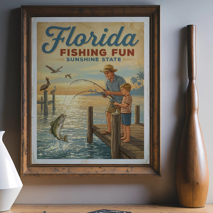 Vintage Florida fishing poster with father and son catching a fish.