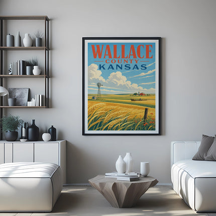 Wallace County Kansas vintage travel poster featuring a rural landscape and windmill.