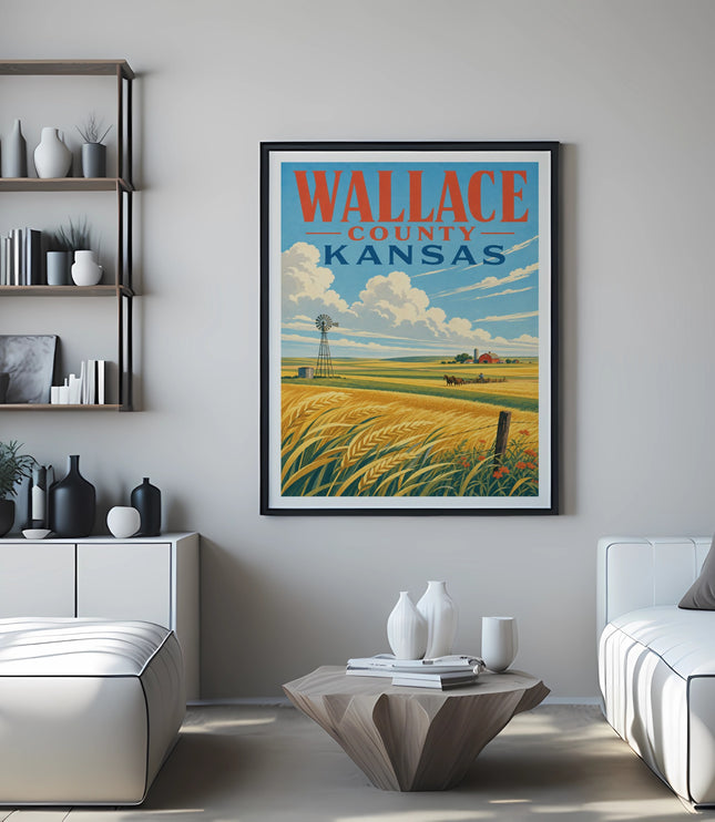 Wallace County Kansas vintage travel poster featuring a rural landscape and windmill.