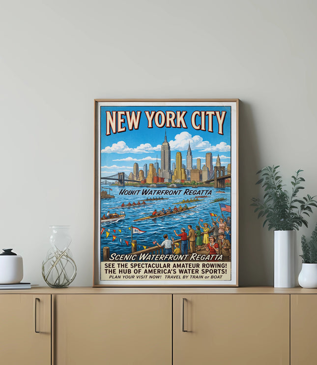 New York City vintage poster featuring a regatta and skyline, text: "Scenic Waterfront Regatta."