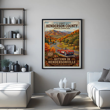 Vintage poster featuring Henderson County, North Carolina autumn apple orchards and Blue Ridge Mountains.