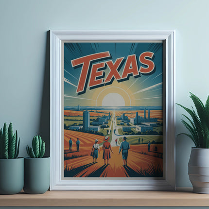 Retro "TEXAS" poster with people walking towards a sunlit city.