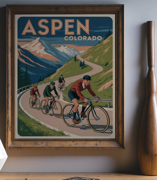 Aspen Colorado vintage cycling poster featuring cyclists on mountain road.