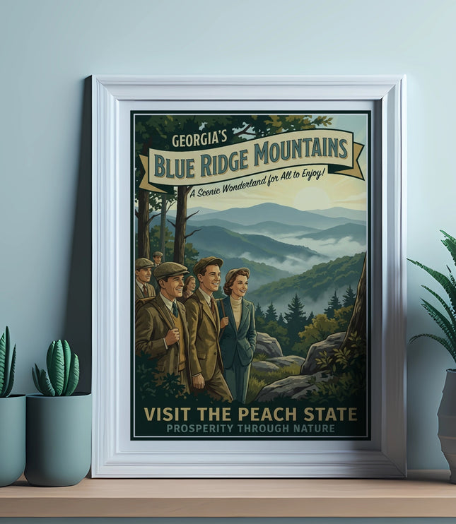 Vintage poster of Georgia's Blue Ridge Mountains with people and text.
