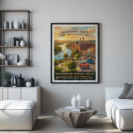 Vintage poster for Rockingham County, NC featuring riverfront, mills, and classic cars.