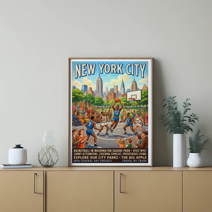 New York City poster depicting basketball in Washington Square Park.