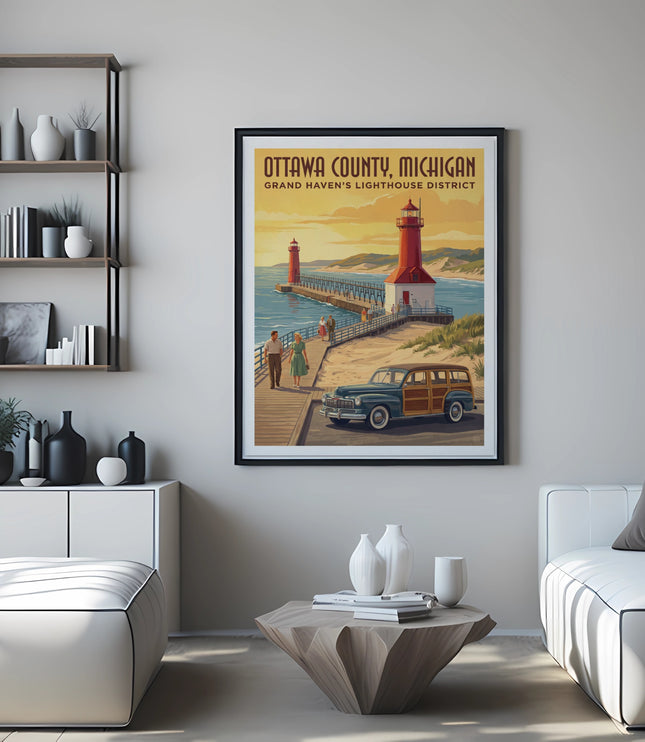 Vintage poster of Ottawa County lighthouses with a classic car and couple.