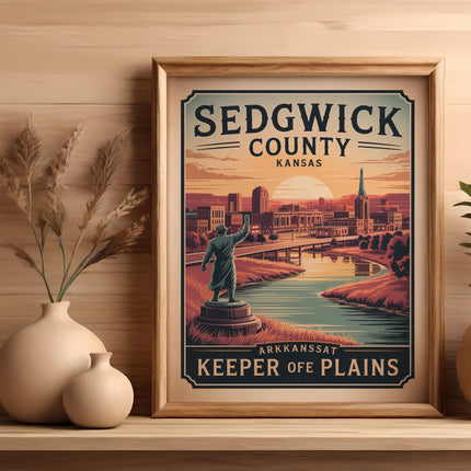 Framed vintage Sedgwick County, Kansas Keeper of Plains poster with a city skyline.