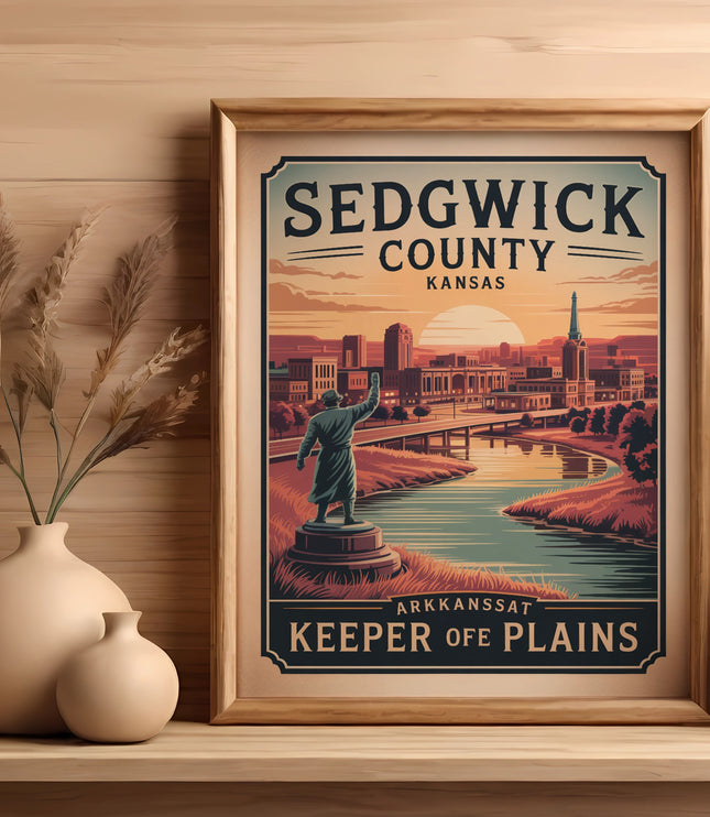 Framed vintage Sedgwick County, Kansas Keeper of Plains poster with a city skyline.