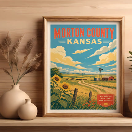 Framed vintage poster of Morton County, Kansas landscape with farm, sunflowers, and clouds.