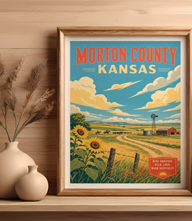 Framed vintage poster of Morton County, Kansas landscape with farm, sunflowers, and clouds.