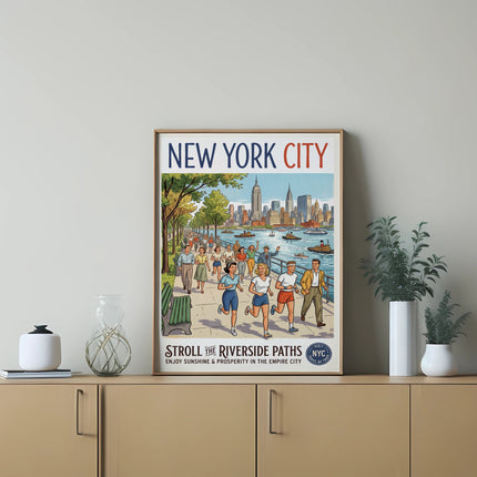 New York City poster with people strolling and buildings.