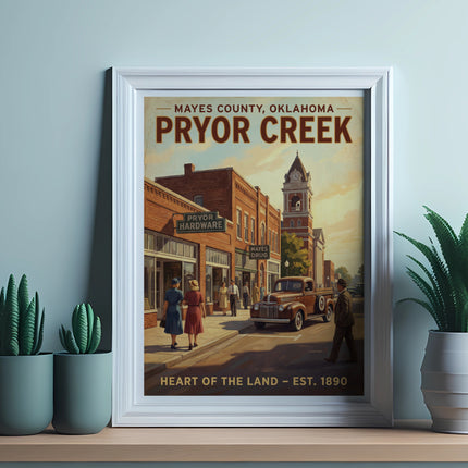 Pryor Creek, Mayes County, Oklahoma retro poster features town scene with truck and text.