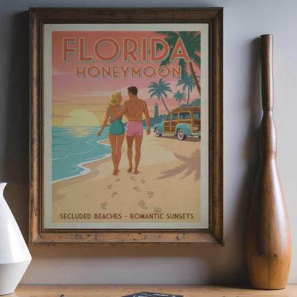 Vintage Florida honeymoon travel poster with couple walking on beach.