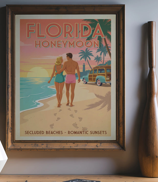 Vintage Florida honeymoon travel poster with couple walking on beach.