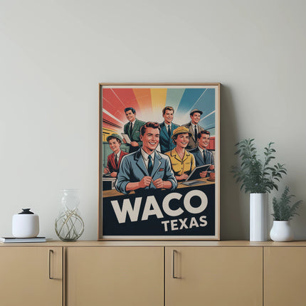 Group of smiling people in vintage attire above "Waco Texas" text.