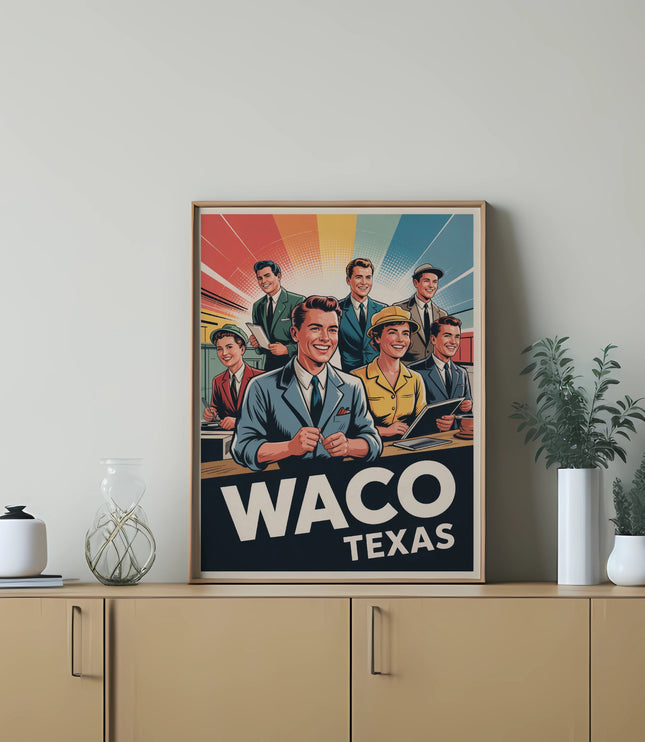 Group of smiling people in vintage attire above "Waco Texas" text.