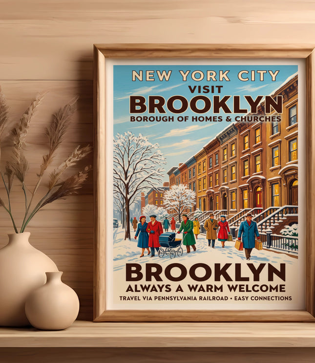 Vintage Brooklyn travel poster showing a winter scene with brownstone buildings.
