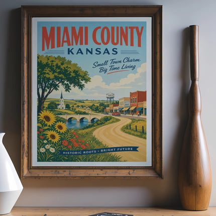 Miami County Kansas poster with sunflowers, bridge, and Paola town scene.