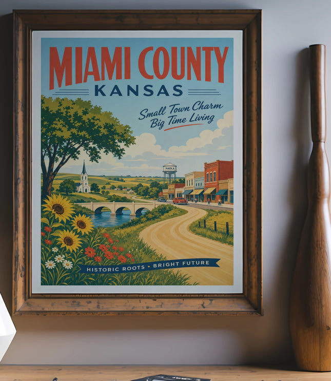 Miami County Kansas poster with sunflowers, bridge, and Paola town scene.