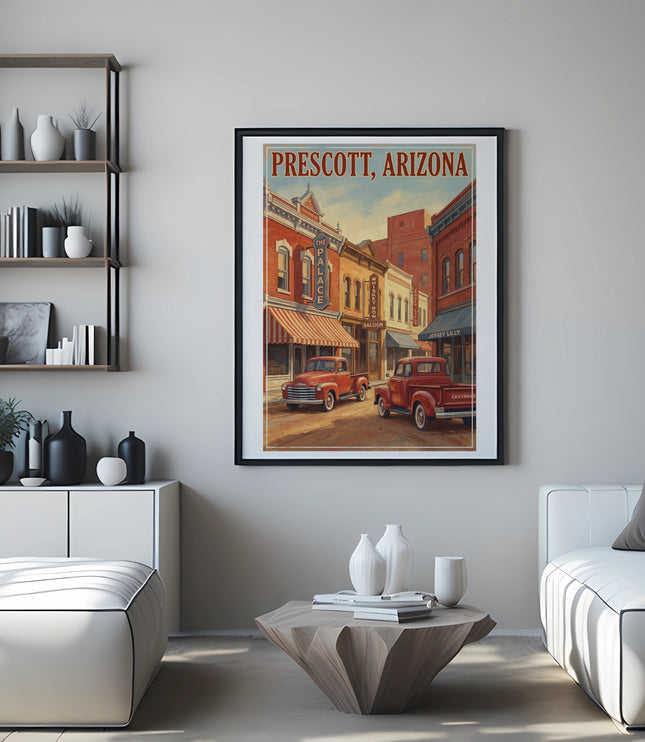 Replica art print of Prescott, Arizona with vintage trucks and buildings.