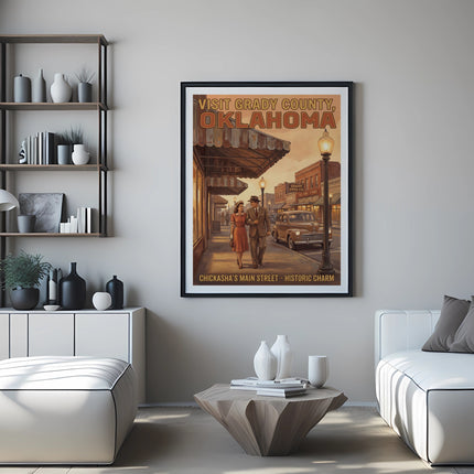 Vintage poster for Grady County Oklahoma, depicting a couple and a car.