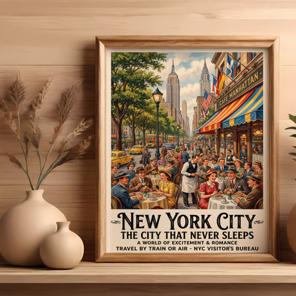 Vintage "New York City The City That Never Sleeps" travel poster with people and buildings.