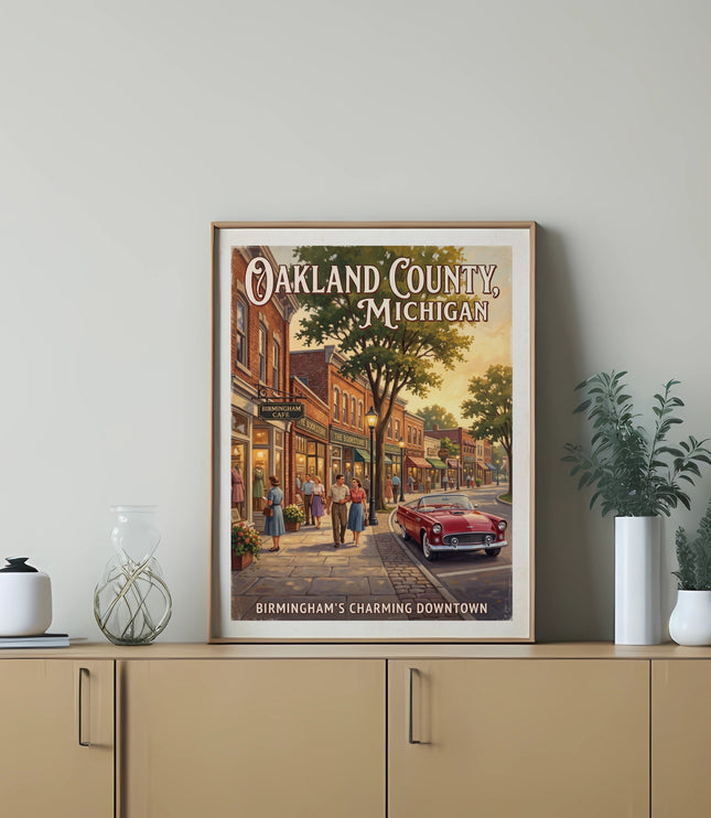 Oakland County, Michigan vintage poster depicts a charming downtown street scene.