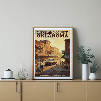 Poster: Cleveland County, Oklahoma, historic downtown scene with people, truck, and bicycle.