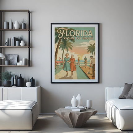 Florida Sunshine for Seniors framed art print with palm trees and seniors on a sidewalk.