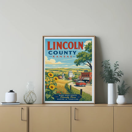 Lincoln County Kansas vintage travel poster with car and sunflower field.
