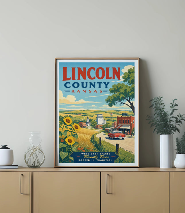 Lincoln County Kansas vintage travel poster with car and sunflower field.