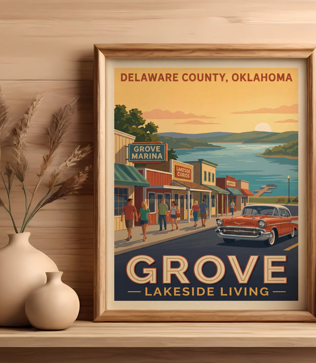 Delaware County, Oklahoma vintage travel poster with Grove, Lakeside Living text.