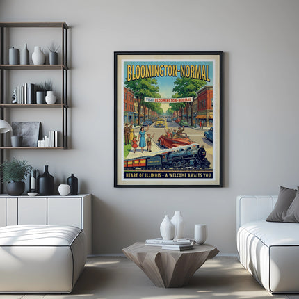 Bloomington-Normal, Illinois Central poster with vintage cars and train.